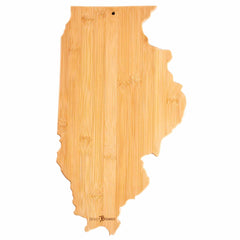 Introducing the Totally Bamboo Destination Illinois Cutting Board, measuring 16-1/2" x 9-1/4". This wooden cutting board is uniquely shaped like the state of Illinois and includes a small hole near the top for effortless hanging. Made from bamboo, it offers a sleek cutting surface with a visible grain texture that adds charm to your kitchen.