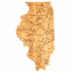 The Destination Illinois Cutting Board by Totally Bamboo measures 16-1/2" x 9-1/4" and is made from wood. It features laser-engraved artwork of Illinois, showcasing cities, highways, and landmarks such as Chicago and Springfield. The depiction also highlights major rivers and attractions for a unique presentation.