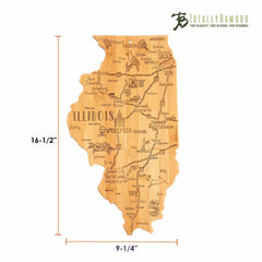 Introducing the "Destination Illinois Cutting Board" by Totally Bamboo, a uniquely crafted bamboo board shaped like the state of Illinois. It features intricately laser-engraved artwork showcasing various cities and landmarks. The cutting board measures 16-1/2 inches in height by 9-1/4 inches in width, with the brand's logo elegantly positioned at the top right corner.