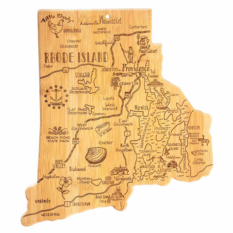 The Totally Bamboo Destination Rhode Island Cutting Board, measuring 13-3/4" x 12-1/2", is designed in the shape of the state and showcases laser-engraved artwork of iconic landmarks like lighthouses, beaches, and cities. It's ideal for serving charcuterie while adding a touch of local charm.