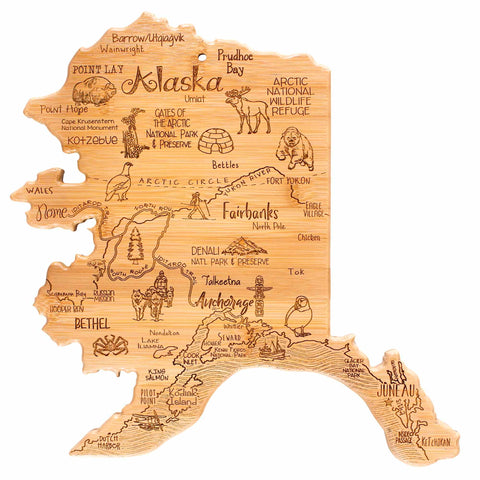 The Destination Alaska Cutting Board by Totally Bamboo is a laser-engraved wooden artwork that highlights major cities, landmarks, and wildlife in Alaska. It features intricate illustrations of bears and moose, along with National Parks and other geographical points of interest, serving as a genuine tribute to the state's natural beauty.