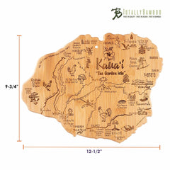 This bamboo cutting board, known as the Totally Bamboo Destination Kauai Cutting Board, features laser-engraved artwork of landmarks, cities, and attractions. The cutting surface measures 9-3/4 inches by 12-1/2 inches.