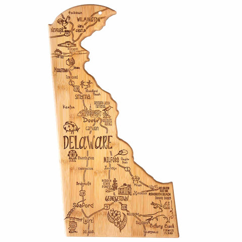 The Totally Bamboo Destination Delaware Cutting Board, measuring 16-1/2" x 9-1/2", is crafted from bamboo and shaped like the state of Delaware. It features laser-engraved artwork that includes illustrations of landmarks and city names such as Wilmington, Dover, and Georgetown. Additionally, paths connect these cities with icons that highlight local features and attractions.