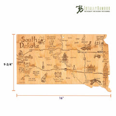 Crafted by Totally Bamboo, the Destination South Dakota Cutting Board is expertly designed in the shape of South Dakota. It features intricate engravings that include city names, landmarks, and attractions. Measuring 9-3/4 inches high and 16 inches long, this board makes a delightful addition to any kitchen.