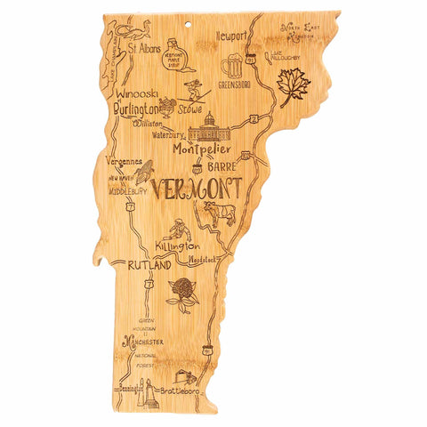 Discover the Totally Bamboo Destination Vermont Cutting Board, sized at 16" x 10", laser-engraved to highlight cities and landmarks in Vermont. This charming piece from the Destination Series features towns like Burlington, Montpelier, and Rutland, adorned with delightful illustrations of regional symbols such as a cow, leaf, and covered bridge.