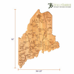 The Destination Maine Cutting Board, created by Totally Bamboo, is crafted from bamboo and shaped like the state of Maine. It features laser-engraved artwork depicting various landmarks, cities, and highways. Measuring 15 inches in height and 10.5 inches in width, the cutting board prominently displays the "Totally Bamboo" logo at the top right corner.