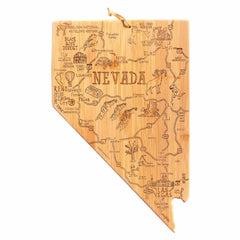 The Destination Nevada Cutting Board by Totally Bamboo is artistically shaped like the state itself, showcasing intricate laser-engraved artwork of Nevada’s landmarks, cities, and natural wonders. Decorated with illustrations of wildlife and mountain ranges, alongside iconic names such as Las Vegas and Reno, this 10" x 15-1/2" board serves as both a functional kitchen tool and a captivating conversation piece.