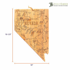 The Destination Nevada Cutting Board by Totally Bamboo is crafted from bamboo, intricately laser-engraved with cities, landmarks, and natural features of Nevada. It measures 10 inches by 15.5 inches and prominently features the "Totally Bamboo" logo in the top right corner.