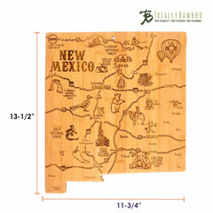 The Totally Bamboo Destination New Mexico Cutting Board features a meticulously laser-engraved design showcasing landmarks, animals, nature, and cities like Santa Fe. Measuring 11-3/4" wide by 13-1/2" tall, it offers both a practical bamboo cutting surface and decorative charm with detailed illustrations of roads and parks.