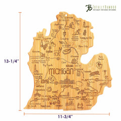 The Destination Michigan Mitten Cutting Board by Totally Bamboo is a distinctive bamboo piece that beautifully embodies the spirit of Michigan with its laser-engraved design. It highlights cities and landmarks such as Detroit, Lansing, and Flint. With dimensions of 13-1/4" by 11-3/4", it serves as both a practical cutting board and an appealing keepsake.