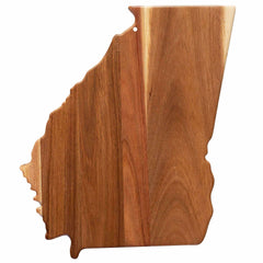 The Rock & Branch® Origins Series Georgia Cutting Board by Totally Bamboo is an acacia wood cutting board that features a natural wood grain and is shaped like the state of Georgia, complete with a small hole near the top edge for hanging.