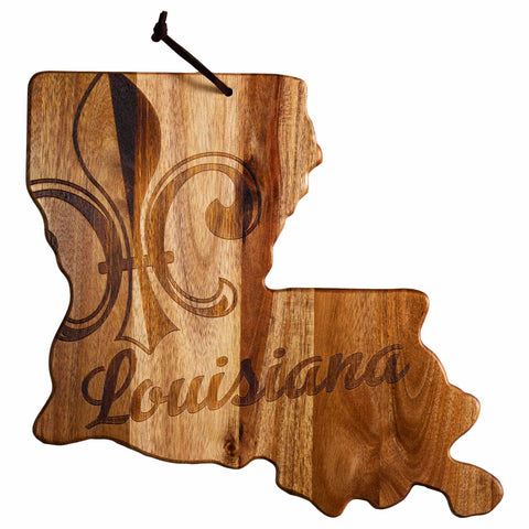 The Rock & Branch® Origins Series Louisiana Cutting Board by Totally Bamboo is an acacia wood piece shaped like the state of Louisiana, featuring a laser-engraved fleur-de-lis and the word "Louisiana." With a leather loop for hanging, this board is both functional and decorative.