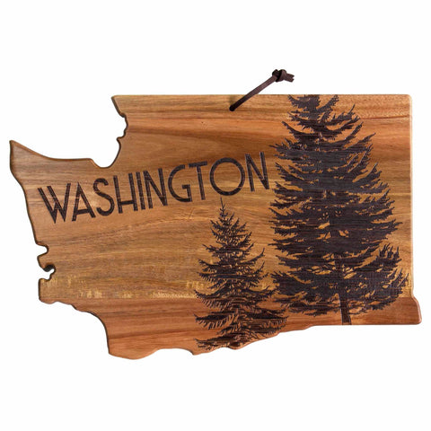 This Rock & Branch® Origins Series Washington Cutting Board by Totally Bamboo is expertly crafted from acacia wood and features a shape resembling Washington State, with two laser-engraved trees and the word "Washington" elegantly inscribed across the top.