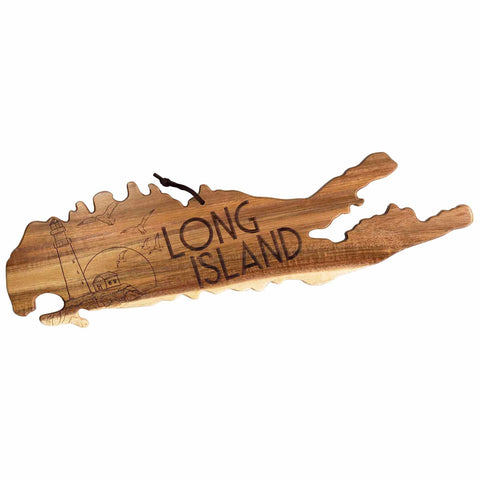 The Rock & Branch® Origins Series Long Island Cutting Board by Totally Bamboo is meticulously crafted from acacia wood and features a wooden charcuterie board shaped like Long Island, adorned with laser-engraved artwork that includes "Long Island," a lighthouse, waves, birds, and a diving figure.