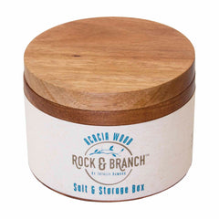 A round Acacia wooden storage box featuring a secure magnetic lock, labeled as the "Rock & Branch® Salt Cellar" by Totally Bamboo. It showcases a natural wood finish with a simple and elegant design, making it perfect for use as a salt cellar.