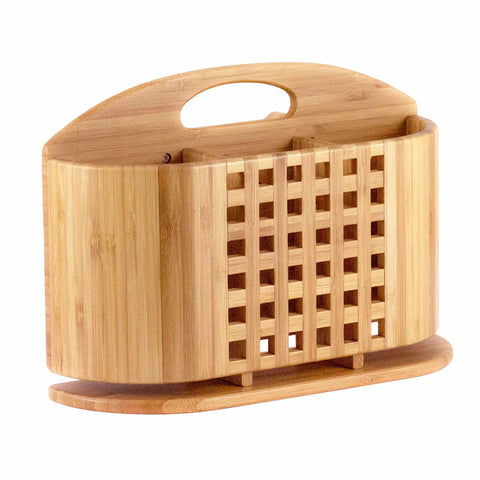 The Totally Bamboo Utensil Caddy for Eco Dish Rack is a versatile wooden organizer featuring a lattice design with a top handle for effortless carrying. Crafted from light-colored wood, it includes a curved base for enhanced stability and offers both modern aesthetics and multifunctional storage solutions.