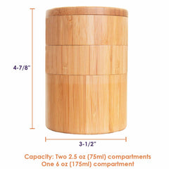 Introducing the Totally Bamboo Triple Salt Cellar with Swivel Lids, a stylish and stackable kitchen accessory. This elegant container features one 6 oz (175 ml) compartment and two 2.5 oz (75 ml) compartments, offering a combined capacity of 1-1/3 cups. Standing at 4-7/8 inches tall with a diameter of 3-1/2 inches, it provides functional elegance to your culinary space.