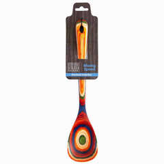 The Baltique® Marrakesh Collection Cooking Spoon, 12-1/2", by Totally Bamboo features vibrant rainbow stripes and is crafted from colored birch, elegantly showcased on a branded card.