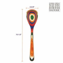 The Baltique® Marrakesh Collection Cooking Spoon by Totally Bamboo features a vibrant, layered design inspired by the colorful marketplaces of Morocco. Highlighting shades of red, orange, green, and blue, it measures 12-1/2 inches long and 2-3/4 inches wide. The "Baltique" logo is elegantly positioned on the top right corner.