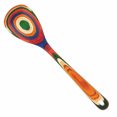 The Totally Bamboo Baltique® Marrakesh Collection Cooking Spoon, measuring 12-1/2 inches, features a vibrant rainbow design with concentric circles in shades of red, orange, blue, and green on colored birch wood and includes a small hole at the end of its wooden handle.