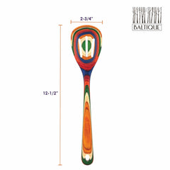 Immerse yourself in the vibrant charm of the Totally Bamboo Baltique® Marrakesh Collection with this colorful slotted wood spoon. This non-stick safe utensil measures 12-1/2 inches long and 2-3/4 inches wide, showcasing a stunning layered design in blue, green, red, and orange hues. It is adorned with the iconic Baltique logo.