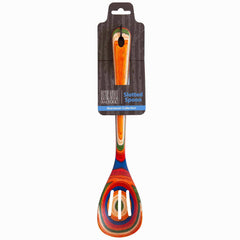 The Totally Bamboo Baltique® Marrakesh Collection Slotted Spoon, 12-1/2", features a vibrant rainbow design. This colorful wooden spoon has a long handle with a hanging hole and is safe for non-stick cookware. Its packaging is dark with blue and white text.