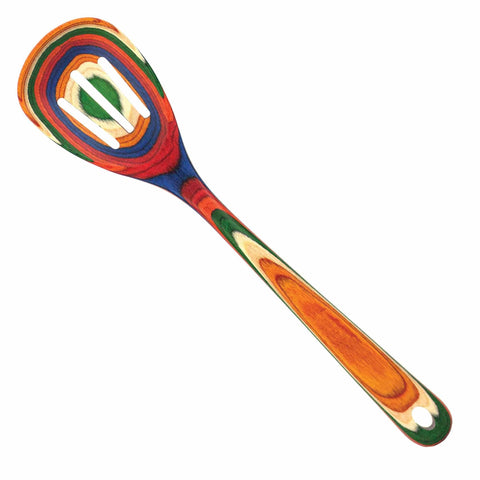 Introducing the Baltique® Marrakesh Collection Slotted Spoon, 12-1/2" by Totally Bamboo. This spoon showcases a vibrant design with rainbow-like shades of red, orange, green, and blue. Featuring concentric ovals on the bowl and stripes along the handle, it is non-stick safe and ideal for adding a splash of color to your kitchen.