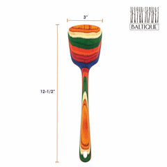 This lively spatula from the Baltique® Marrakesh Collection by Totally Bamboo showcases a striking striped pattern in hues of orange, green, blue, and natural wood. It is safe for non-stick cookware and measures 12.5 inches in length and 3 inches in width, with the Baltiqe name featured in the top right corner.