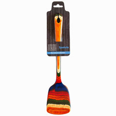 A vibrant wooden spatula with a handle painted in striking stripes of orange, red, blue, and green is displayed on packaging labeled "Baltique® Marrakesh Collection Spatula, 12-1/2"" from Totally Bamboo. This colorful spatula is non-stick safe and perfect for brightening up your kitchen tools.