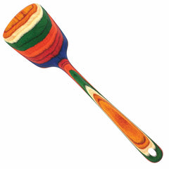 Part of the Totally Bamboo Baltique® Marrakesh Collection, this vibrant wooden spatula is crafted from layered, dyed wood in striking shades of orange, green, blue, and red. The handle and bowl feature a striped pattern with a small hole for hanging. It's perfect for use on non-stick cookware.