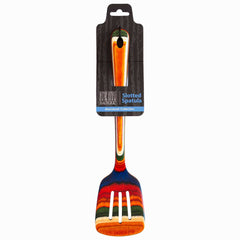 The Baltique® Marrakesh Collection Slotted Spatula, 12-1/2" by Totally Bamboo boasts a handle featuring vibrant colors of red, green, blue, and orange. It comes with a convenient hang tag for easy display and is an essential colorful kitchen utensil that brings flair to your cooking space.