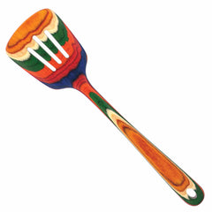 This vivid kitchen utensil from Totally Bamboo, the Baltique® Marrakesh Collection Slotted Spatula, 12-1/2", features a fork-like design with striking red, green, blue, and orange patterns set against an elegant white background.