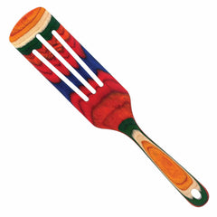 The Baltique® Marrakesh Collection Spurtle, 13" by Totally Bamboo showcases a stunning slotted design adorned with lively swirls of red, orange, blue, and green. Made from colored birch wood, this vibrant kitchen tool features an oval-shaped hole in the handle for easy hanging and versatile use in the kitchen.