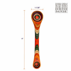 The Baltique® Marrakesh Collection 2-in-1 Measuring Spoon by Totally Bamboo is a vibrant kitchen tool crafted from multi-colored birch. It measures 9 inches in length and 1-7/8 inches in width, with circular ends ideal for culinary tasks.