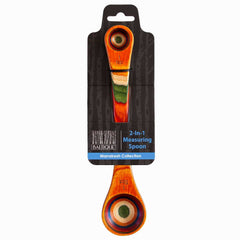 Explore the Baltique® Marrakesh Collection 2-in-1 Measuring Spoon by Totally Bamboo. This colorful utensil, made from vibrant birch wood, showcases an innovative 2-in-1 design. Its bright colors are beautifully set against the textured black packaging, making for a striking visual appeal.