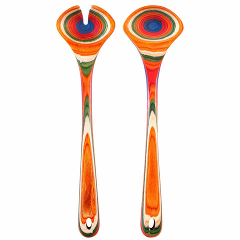 Explore the Totally Bamboo Baltique® Marrakesh Collection Salad Serving Set, featuring two wooden salad utensils adorned with vibrant, multi-colored concentric circles. The set includes a fork and spoon with long handles that beautifully blend shades of orange, red, blue, green, and natural wood tones inspired by the colorful marketplaces of Morocco.