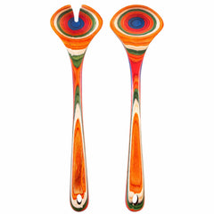 Explore the Totally Bamboo Baltique® Marrakesh Collection Salad Serving Set, featuring two wooden salad utensils adorned with vibrant, multi-colored concentric circles. The set includes a fork and spoon with long handles that beautifully blend shades of orange, red, blue, green, and natural wood tones inspired by the colorful marketplaces of Morocco.