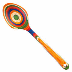 From the Baltique® Marrakesh Collection by Totally Bamboo, this Grand Serving Spoon features a vibrant design with concentric circles of orange, blue, green, and natural wood tones gracing both the bowl and handle. Crafted from colored birch, its striking pattern makes a bold visual impression.