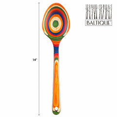 Introducing the Baltique® Marrakesh Collection Grand Serving Spoon, a remarkable piece from Totally Bamboo. Crafted from colored birch, it features vibrant concentric circular patterns in orange, green, and blue hues. The top right corner is elegantly adorned with the "Baltique" logo. This striking serving spoon measures 14 inches in length.