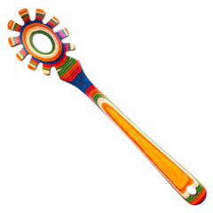 The Baltique® Marrakesh Collection Spaghetti Spoon, measuring 12-1/2" and offered by Totally Bamboo, features a wavy multicolored design that artfully mixes green, red, orange, blue, and yellow shades on its birch handle and pronged bowl. This vibrant pattern brings a playful and artistic flair to your kitchen utensil set.