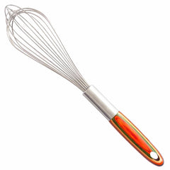 The Baltique® Marrakesh Collection Balloon Whisk, 11" by Totally Bamboo boasts a stainless steel design and a colorful wooden handle in vibrant shades of orange, yellow, and green. The handle also features a small hole near the end for convenient hanging.