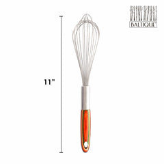 The Totally Bamboo Baltique® Marrakesh Collection Balloon Whisk, measuring 11 inches, features a vibrant wooden handle in red, orange, and green hues. Its colorful design perfectly complements the sturdy metal whisk, with the Baltique logo adorning the top right corner.