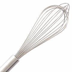 A close-up of the Baltique® Marrakesh Collection Balloon Whisk, 11" by Totally Bamboo, featuring multiple stainless steel wire loops and an eye-catching colorful wooden handle, isolated on a white background.