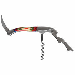 The Baltique® Marrakesh Collection Waiter's Friend Corkscrew by Totally Bamboo is a compact, multi-functional stainless steel corkscrew featuring a colorful handle with a vibrant circular pattern in red, green, yellow, and blue. It includes a curved, serrated blade and spiral screw for opening wine bottles and adds flair to the bottle opener extension.