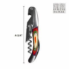 The Baltique® Marrakesh Collection Waiter's Friend Corkscrew by Totally Bamboo is a 4-3/4 inch multicolored bottle opener. It boasts a compact design with a vibrant, layered handle in shades of red, green, and yellow. Made with a stainless steel corkscrew, the product features the Baltique logo prominently displayed in the top right corner.