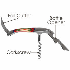 Image of the Baltique® Marrakesh Collection Waiter's Friend Corkscrew by Totally Bamboo, a vibrant and versatile tool with a compact design. Its labeled parts include a foil cutter, bottle opener, and stainless steel corkscrew. The handle boasts an eye-catching design.