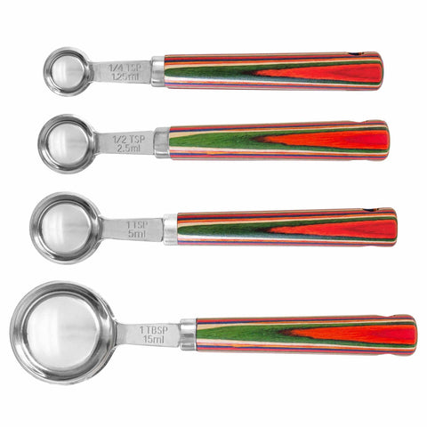 Introducing the Totally Bamboo Baltique® Marrakesh Collection 4-Piece Measuring Spoon Set: a vibrant addition to your kitchen decor. This set includes four colorful measuring spoons crafted from stainless steel, featuring striped handles in red, green, and brown hues, with sizes 1/4 tsp, 1/2 tsp, 1 tsp, and 1 tbsp.