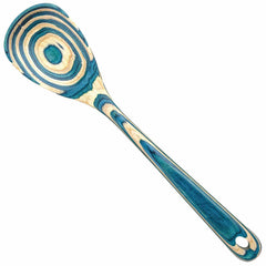 The Baltique® Mykonos Collection Cooking Spoon by Totally Bamboo, measuring 12-1/2", boasts a unique teal and natural wood grain pattern on both its handle and bowl. Crafted with a small hole for hanging, this spoon is an excellent companion for non-stick cookware.