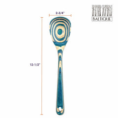 This Baltique® Mykonos Collection Cooking Spoon by Totally Bamboo showcases a beautiful blend of layered shades of blue and natural wood tones. It measures 12-1/2 inches in length and 2-3/4 inches in width, featuring the "Baltiqe" logo with tree silhouettes in the top right corner, making it an ideal companion for non-stick cookware.