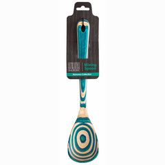 A vibrant wooden cooking spoon displaying a spiral design in teal and natural wood hues, this item is the "Baltique® Mykonos Collection Cooking Spoon, 12-1/2" by Totally Bamboo. It is ideal for use with non-stick cookware, as noted on the packaging tag attached to the handle.